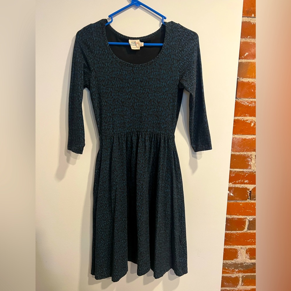 Turquoise, long sleeve dress. Polka dot pattern, 2 pockets, XS Organic Cotton